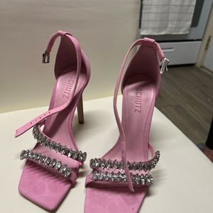 SHUTZ Pink Suede Embellished Heeled Sandals. Size 8